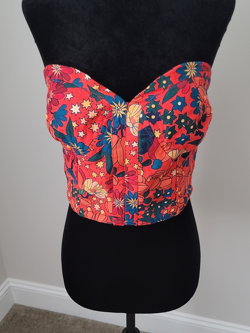 Farm Rio for Anthropologie Red Floral Strapless Bustier Crop Top